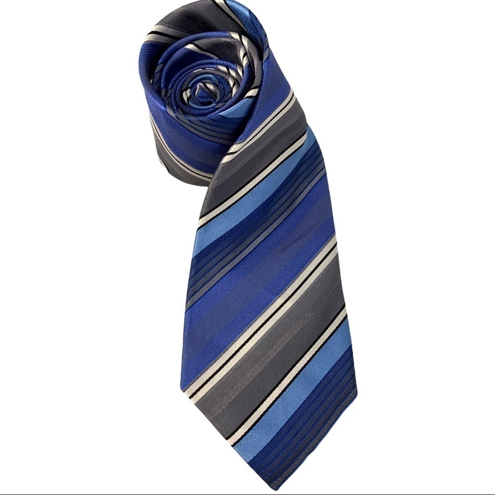 Kenneth Cole-Blue Gray Stripe 100% Silk Tie